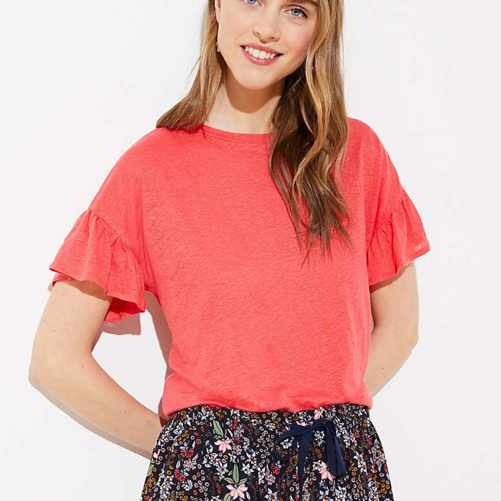 NWT Loft Coral Ruffle Linen Tee